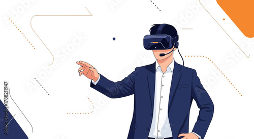 Man in VR headset interacting with digital interface demonstrating virtual reality technology
