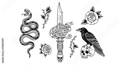 Vintage knife flat vector illustration rendered in a detailed black work tattoo engraving style, featuring intricate handle patterns isolated on a stark white background.