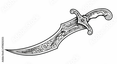 Stylized curved blade illustration in black work engraving tattoo style, rendered as a sharp, flat 2D vector graphic isolated on a clean white background.