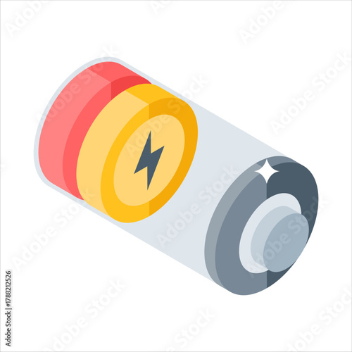 Isometric icon of rechargeable battery for renewable power supply.
