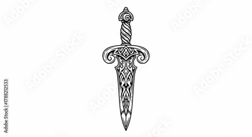 A detailed flat 2D vector illustration features an ancient mythical blade rendered in stark black work engraving style, appearing isolated on a clean white background.