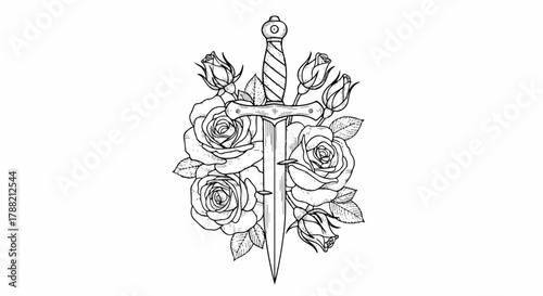 A striking traditional tattoo illustration rendered in flat 2D vector style, depicting a sharp gothic dagger intertwined with lush blooming roses against a clean white backdrop.