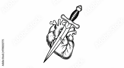 Dramatic black dagger piercing a stylized human heart, rendered as a classic engraving style 2D flat vector illustration isolated starkly against a bright white background.