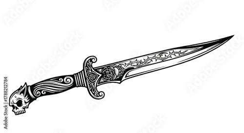 Black gothic knife vector illustration, styled as a vintage engraving or occult tattoo, isolated flat 2D drawing featuring a sharp, stylized blade on a clean white background.