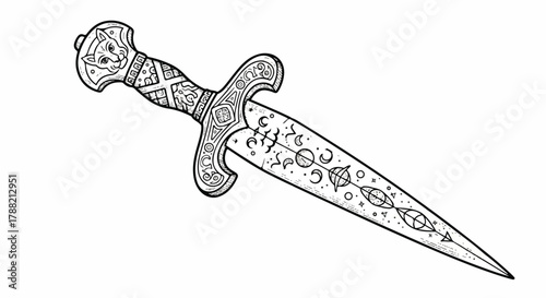 Detailed ritual dagger antique weapon engraving rendered in crisp black work vector illustration style, emphasizing historical mysticism on a clean white background.