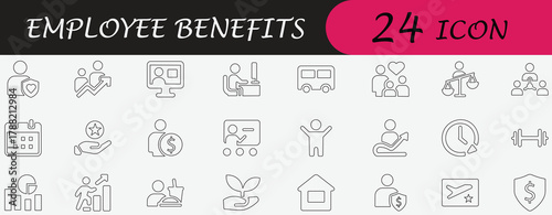 Employee Benefits Line Icon Set. Containing HR, compensation, wellness, salary, growth, and insurance symbols. Editable vector icon for business app UI/UX and management.