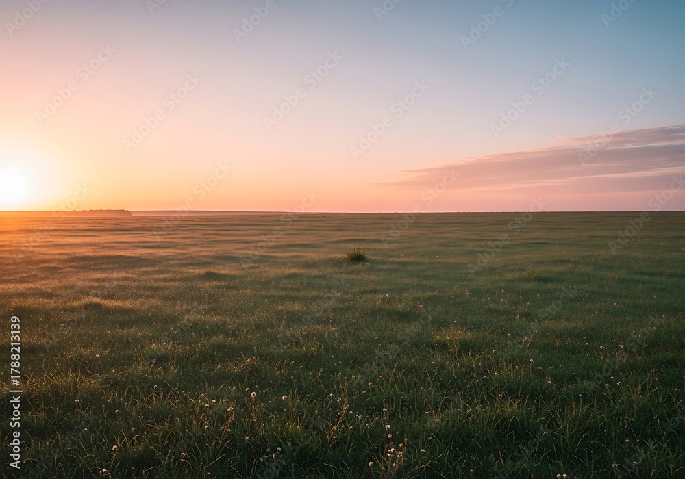 Obraz premium Idyllic grasslands illuminated by the early morning sun's radiant glow