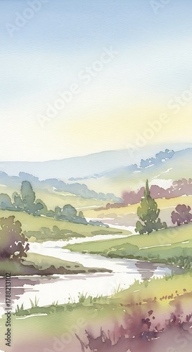 Serene river landscape watercolor illustration capturing tranquility and art