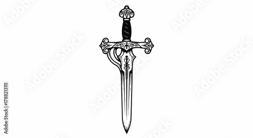A detailed black engraving flat vector illustration depicting a medieval knight sword, isolated vertically on a clean white background, emphasizing historical weaponry and heraldic power.