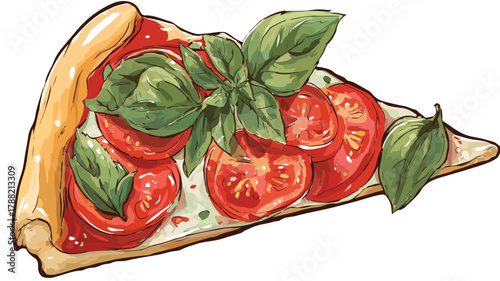 Delicious Slice of Pizza with Fresh Tomatoes and Basil - Vector Illustration