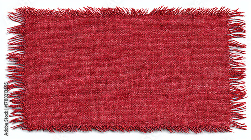A close-up shot of a red fabric with frayed edges, showcasing its texture and detail.