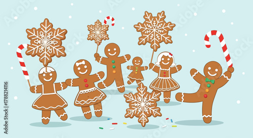 A cheerful group of gingerbread people and snowflakes holding candy canes and sprinkles on a light blue snowy background
