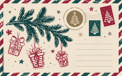 Christmas mail with green tree with gift, postcard, hand drawn illustration.