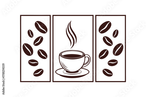 A Triptych of Coffee Beans and a Steaming Cup of Coffee, Minimalist Design