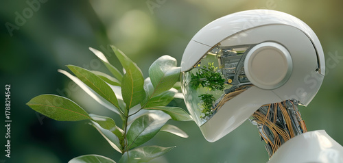 Futuristic humanoid robot nature green leaf plant eco technology cybernetic. Futuristic humanoid robot beside green leaf and plant, eco friendly technology meets garden serenity, reflective visor