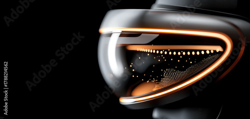 Futuristic virtual reality headset neon black glossy orange visor technology modern Futuristic virtual reality headset with neon orange visor black background, glossy finish and glowing dots