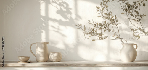Minimalist kitchen decor ceramic jug clay cup neutral palette soft light morning shadow dry branch wooden shelf rustic pottery Scandinavian style with calm warmth and serenity