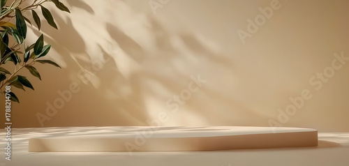 Neutral podium beige background soft shadow sunlight minimal design natural light abstract scene leaf shadow empty display product mockup filled with calm mood