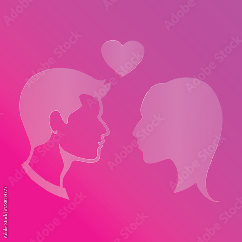 Man Woman Profiles Facing Each Other with Heart Above Valentines glass morphism