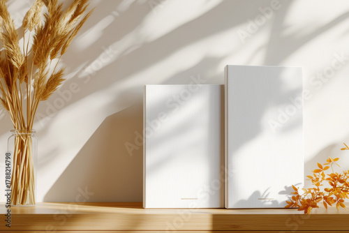 Minimalist lifestyle neutral home decor mockup frame beige wall sunlight shadow wood sideboard blank vertical template modern Scandinavian natural dried grass vase branch leaves autumn warm cozy