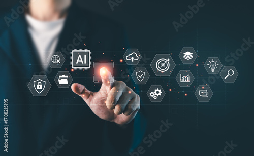 AI artificial intelligence tech, Businessman touching virtual AI technology icons interface, data analysis, cloud computing and digital transformation concept for innovation and business strategy
