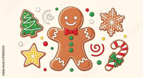 A cheerful collection of festive christmas gingerbread cookies including a gingerbread man tree star snowflake and candy cane