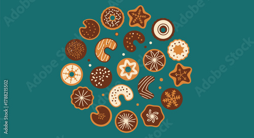 A whimsical collection of festive holiday cookies arranged in a circular pattern on a teal background