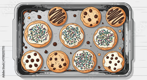 A baking sheet filled with a variety of delicious freshly baked cookies including chocolate chip and iced sugar cookies with sprinkles