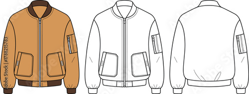 Bomber jacket fashion sketch, front zipper closure, chest flap pockets, sleeve pocket, ribbed cuffs, technical drawing, garment illustration, apparel design