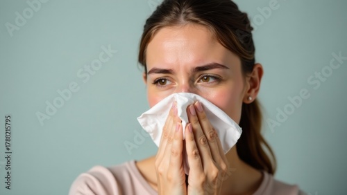 Wallpaper Mural Close-up of a woman using a tissue to blow her nose, possibly during a cold or allergies Torontodigital.ca