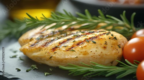 Grilled Chicken Breast with Rosemary and Tomatoes - A Delicious Meal.