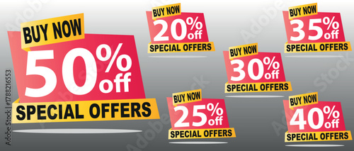 Discount Tags Vector Set, Popup Special Offers, 50, 20, 35, 30, 25, 40 Off, Buy Now Red Yellow EPS