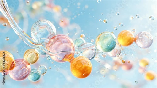 3D render of hyaluronic acid molecule surrounded by water droplets representing deep hydration for skin and joints