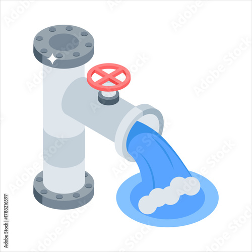 This isometric illustration depicts a pipeline with water flowing out into a basin.