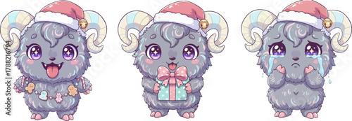 adorable kawaii krampus set cute monster character in santa hat holding a gift festive garland of gingerbread men and sad crying emotion vector