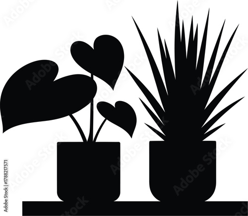 Silhouette of two potted houseplants on a shelf against white background