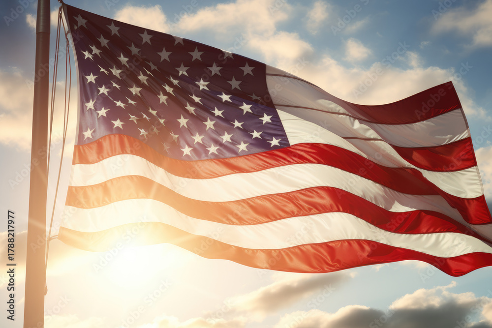Obraz premium USA flag background. Waving American flag in sunlight flare, close up