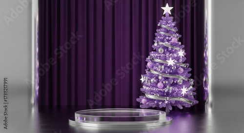 Festive Purple Christmas Tree with Ornaments and Display Stage