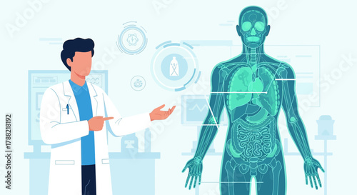 Professional doctor explaining human anatomy with advanced medical technology illustration