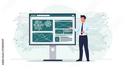 Professional presenter using a large screen to showcase complex data visualization