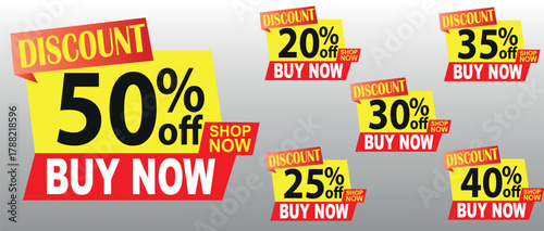 Discount Tags Vector Set, Popup Buy Now Shop Now, 50, 20, 35, 30, 25, 40 Off, Red Yellow EPS Design