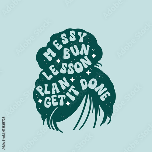 Retro groovy homeschool teacher with messy bun, coffee cup, and vintage funky typography