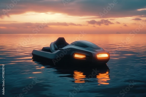 futuristic hover bike floating silently over water surface at dusk