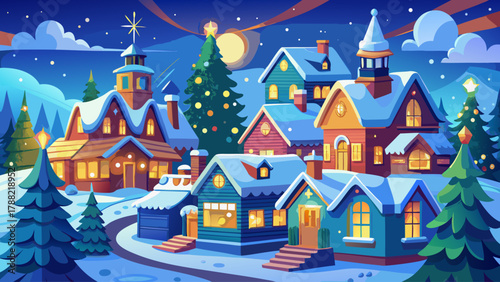 Charming miniature Christmas village with snow-covered rooftops, twinkling lights, and tiny pine trees under a bright blue winter sky. The scene glows with festive joy, peaceful harmony, and nostalgic