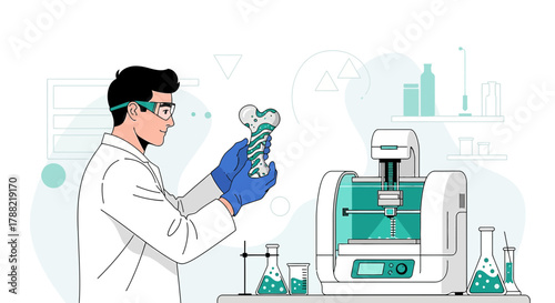Scientist examining 3D printed bone sample in a modern laboratory environment showcasing advanced