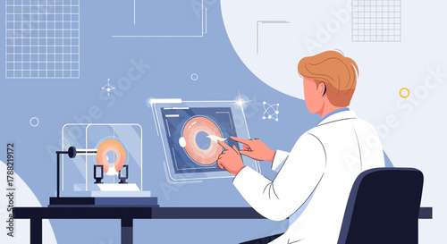 Scientist conducting medical research on eye analysis with advanced technology interface