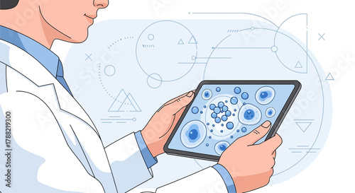 Scientist examining cellular structure on a tablet in research lab illustration concept