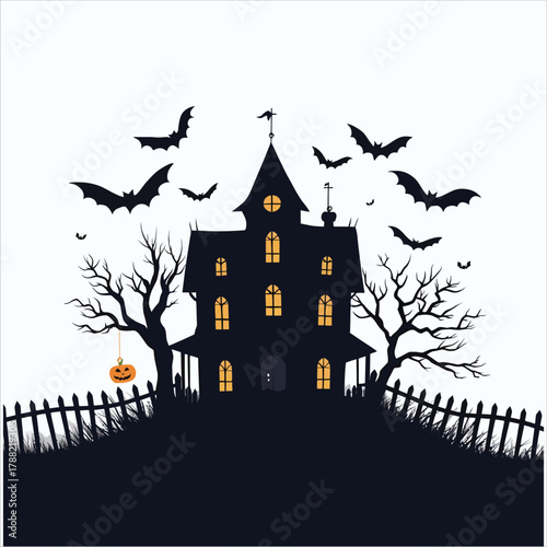 Spooky haunted house silhouette with bats and bare trees isolated on white background