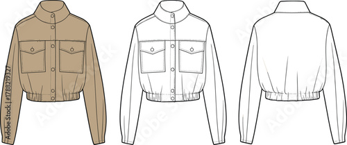 Cropped jacket fashion sketch, button-down front, chest pockets, elastic hem, high collar, long sleeves, technical drawing, garment illustration, apparel design