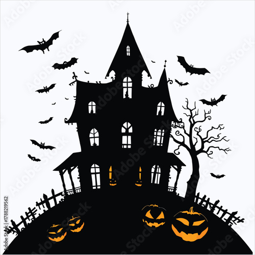 Spooky haunted house silhouette with bats and pumpkins isolated on white background